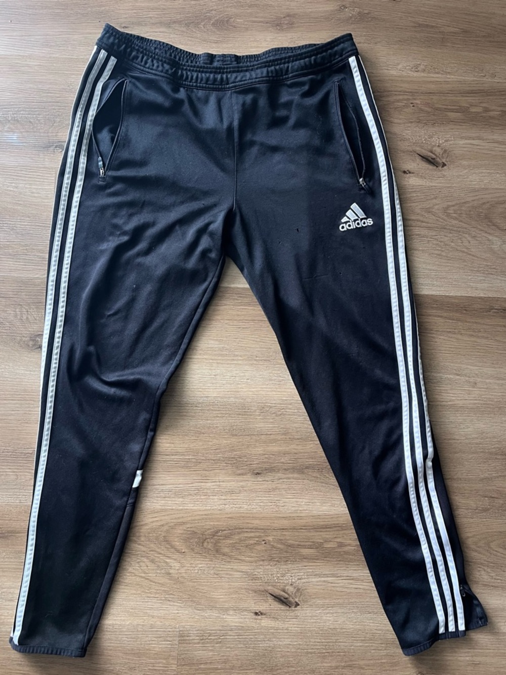 Adidas Mens Soccer Black Warmup Sweatpants with White Three-Stripe Detail